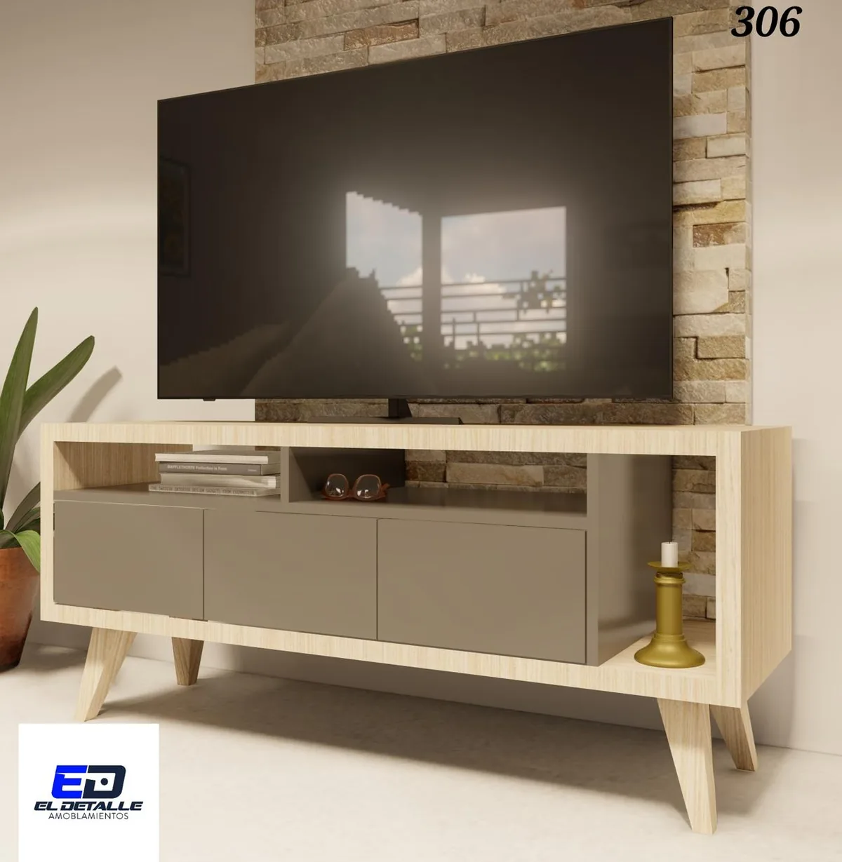 Mueble de TV o living con patas nórdicas en 2 tonos de melamina con 3 puertas